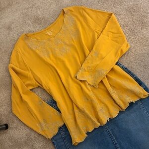 Embellished Yellow Long Sleeve T Shirt Scalloped Edge XL